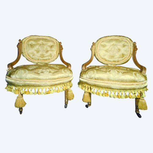 Pair Of Padded Low Chairs In Golden Wood Napoleon III Period