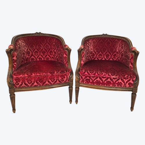 Pair of bergères, Transition period, burgundy velvet upholstery