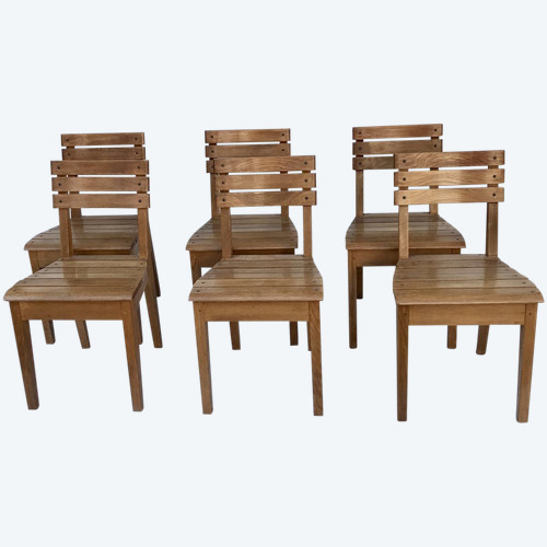 Set of 6 oak chairs by Charles Dudouyt for La Gentilhommière, France, circa 1960