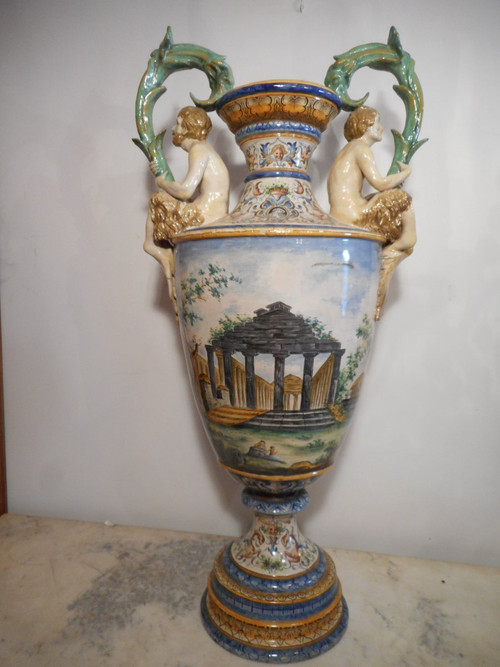 Large Pair Of Urbino Majolica Vases 19th Century