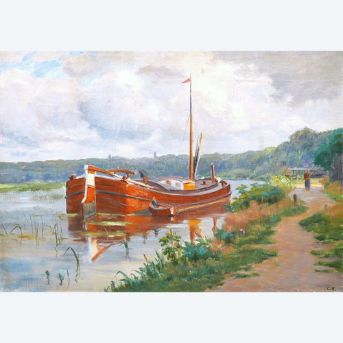 Charles Joseph Victor WISLIN, Bord de rivière animé avec un bateau (la Somme ?)