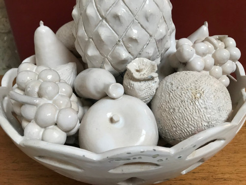 Trompe l'Oeil fruit bowl in white earthenware by Jean Roger, circa 1960.