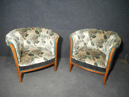 Pair De Fauteuil Tonneau En Marqueterie époque Art Deco