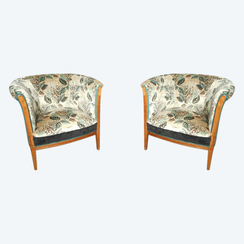 Pair De Fauteuil Tonneau En Marqueterie époque Art Deco