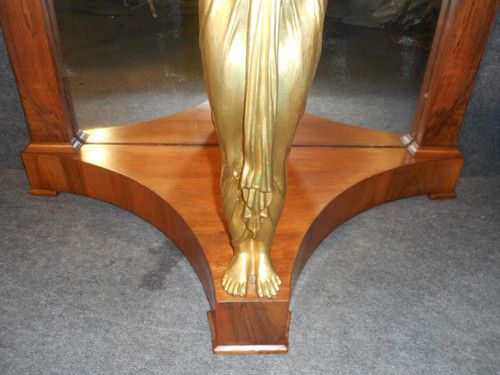 Coppia di console in mogano primo impero e cariatidi in bronzo dorato attribuite a Jacob
