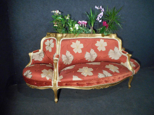 Causeuse époque XIXe En Bois Doré Et Soieries