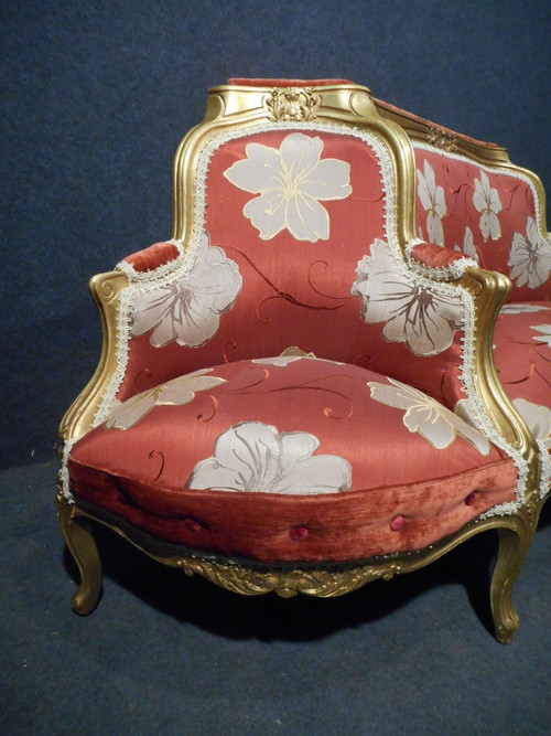 Causeuse époque XIXe En Bois Doré Et Soieries