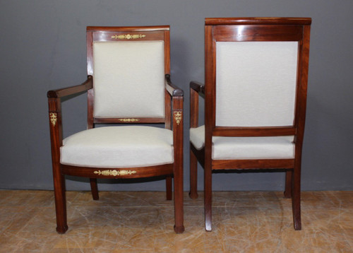 Pair Of Directoire Period Armchairs In Mahogany And Bronze XIX