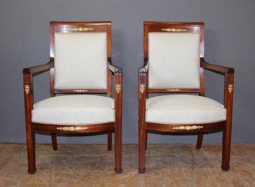 Pair Of Directoire Period Armchairs In Mahogany And Bronze XIX