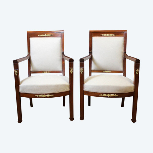 Pair Of Directoire Period Armchairs In Mahogany And Bronze XIX