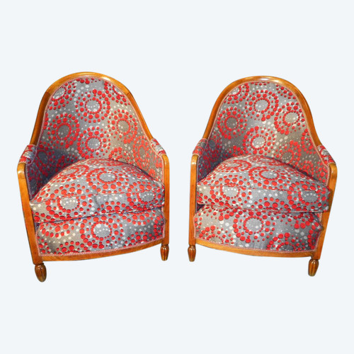 Coppia di poltrone d'epoca Art Déco in faggio completamente rivestito