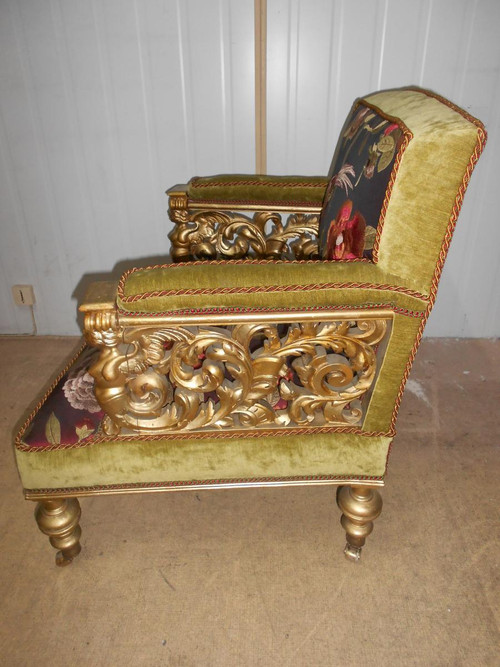 Poltrona In Legno Dorato Intagliato Epoca Napoleone III Con Sete Modello Raro