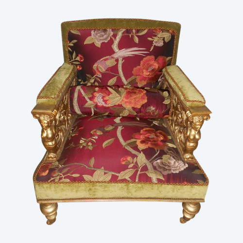 Poltrona In Legno Dorato Intagliato Epoca Napoleone III Con Sete Modello Raro