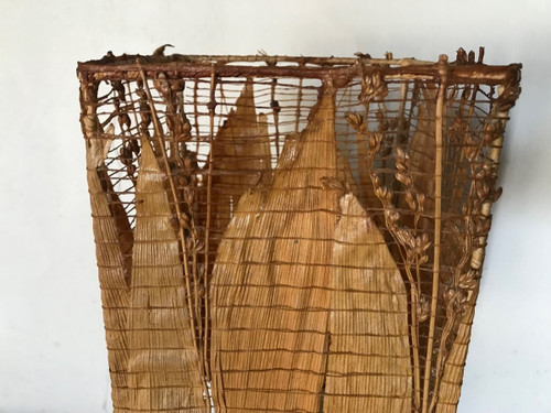 Teak lamp with corn leaf shade, circa 1980.