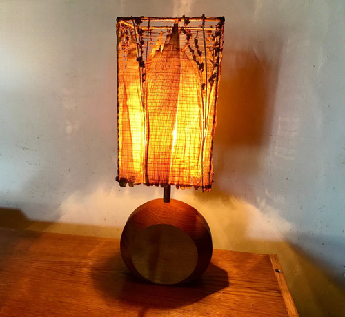 Teak lamp with corn leaf shade, circa 1980.