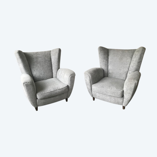 Pair of Italian armchairs in the style of Jean Royère in pearl gray velvet.