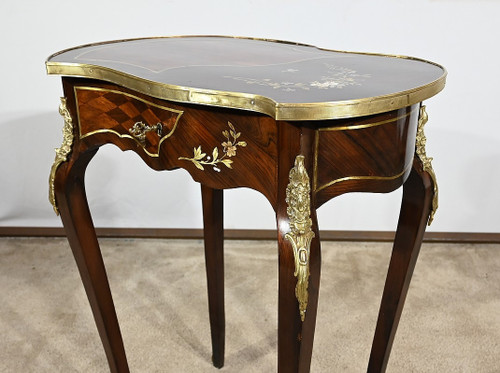 Small Marquetry Living Room Table, Louis XV style, Napoleon III period – Mid-19th century