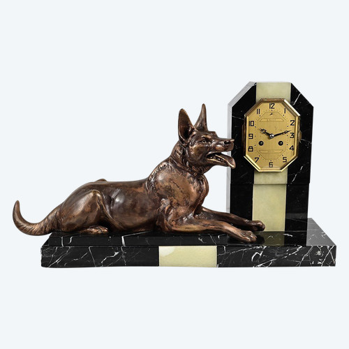 Importante Orologio da Camino Art Déco in Marmo e Scultura di Cane – 1930