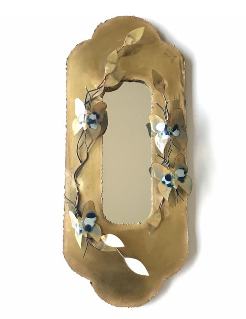 Brass mirror in the Jacques Duval Brasseur style with butterfly decoration, circa 1970
