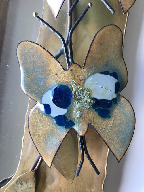 Brass mirror in the Jacques Duval Brasseur style with butterfly decoration, circa 1970