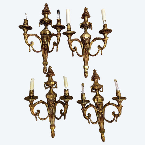 Series Of 4 Louis XVI Style Gilt Bronze Sconces With Flowered Garlands
