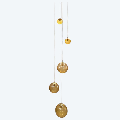 Chandelier Made Up Of 5 Hanging Balls In Orange Bubble Colored Glass, Height 290 Cm