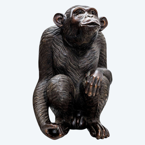 Sculpture En Bois Chimpanzé Yeux Sulfures