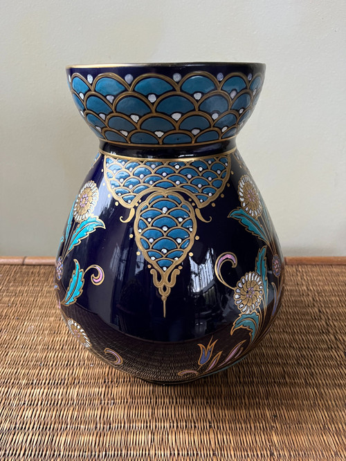 Brocca in terracotta Sarreguemines - XIX secolo - Smaltata con decori floreali