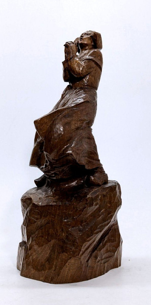 Sculpture En Bois Bretonne En Prière Signée Galle