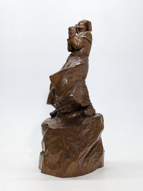 Sculpture En Bois Bretonne En Prière Signée Galle