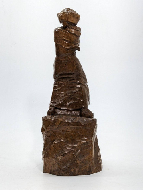 Sculpture En Bois Bretonne En Prière Signée Galle