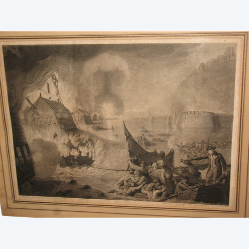 Naval battle large English engraving by John Keyse Sherwin 18th century framed