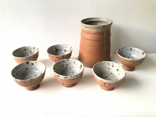 Pot service with 6 goblet cups in pyrite stoneware by Gustave Tiffoche, La Borne.