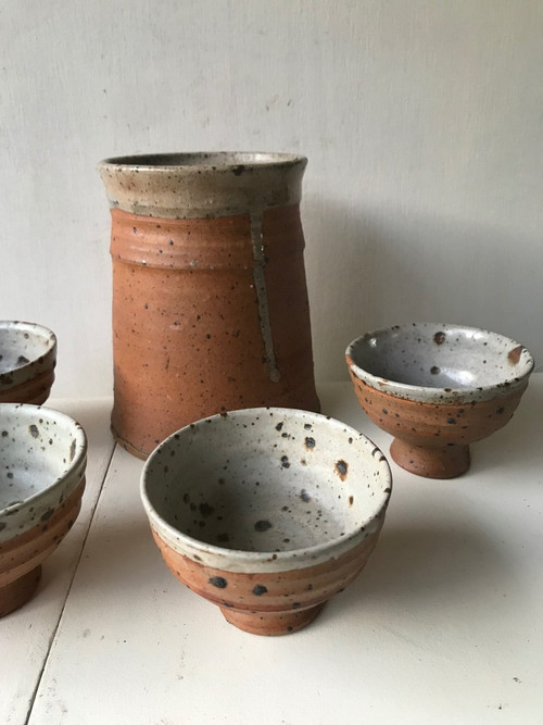 Pot service with 6 goblet cups in pyrite stoneware by Gustave Tiffoche, La Borne.