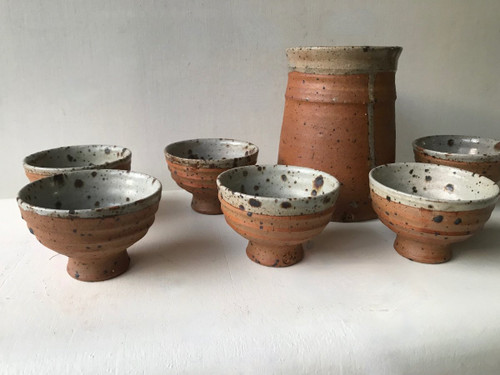 Pot service with 6 goblet cups in pyrite stoneware by Gustave Tiffoche, La Borne.