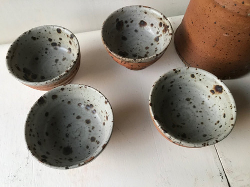 Pot service with 6 goblet cups in pyrite stoneware by Gustave Tiffoche, La Borne.
