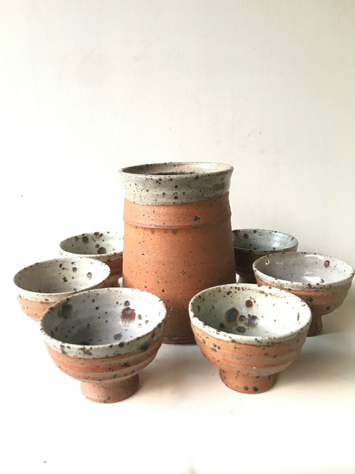 Pot service with 6 goblet cups in pyrite stoneware by Gustave Tiffoche, La Borne.