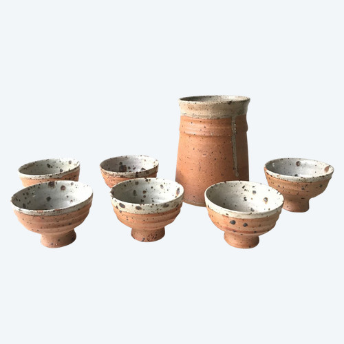 Pot service with 6 goblet cups in pyrite stoneware by Gustave Tiffoche, La Borne.