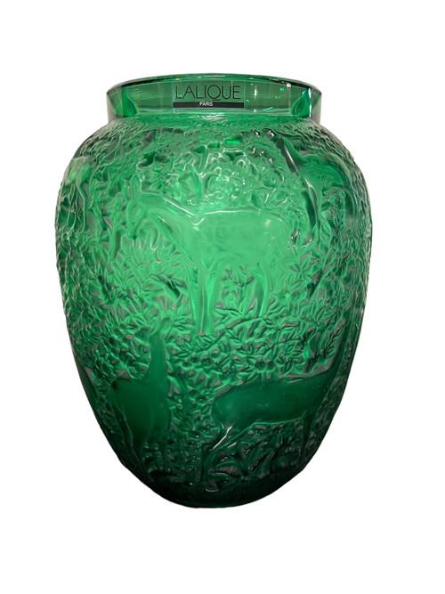 Lalique France - Vase Aux Biches Cristal Vert Style Art Deco