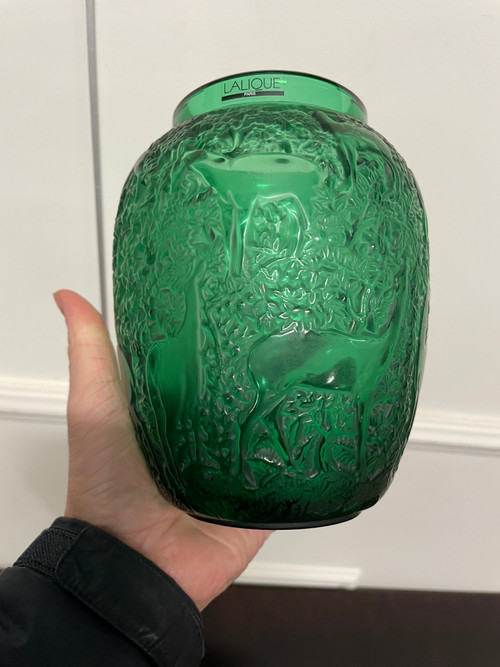 Lalique France - Vase Aux Biches Cristal Vert Style Art Deco