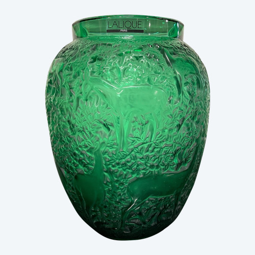 Lalique France – Grüne Kristall-Doe-Vase im Art-Deco-Stil