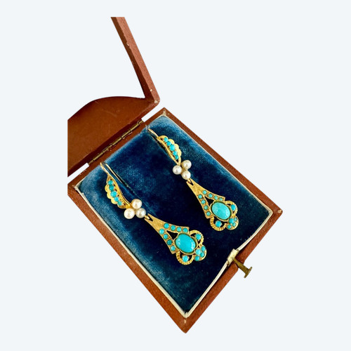 boucles d'Oreilles En Or, Turquoises Et Perles