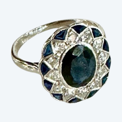 Bague Art Deco En Or, Platine, Saphir Et Diamants