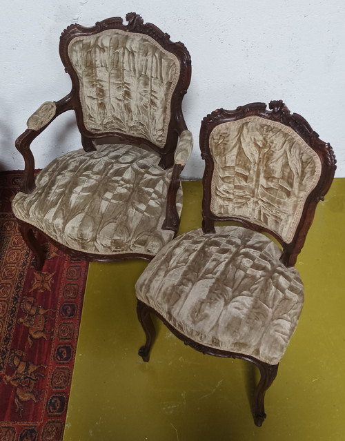 Salon ensemble banquette et fauteuils Rocaille en noyer