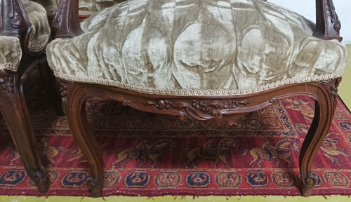 Salon ensemble banquette et fauteuils Rocaille en noyer