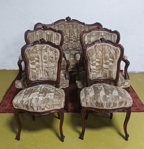 Salon ensemble banquette et fauteuils Rocaille en noyer