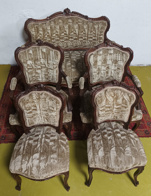 Salon ensemble banquette et fauteuils Rocaille en noyer