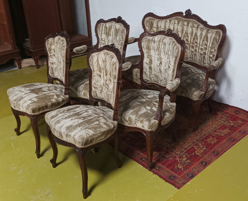 Salon ensemble banquette et fauteuils Rocaille en noyer