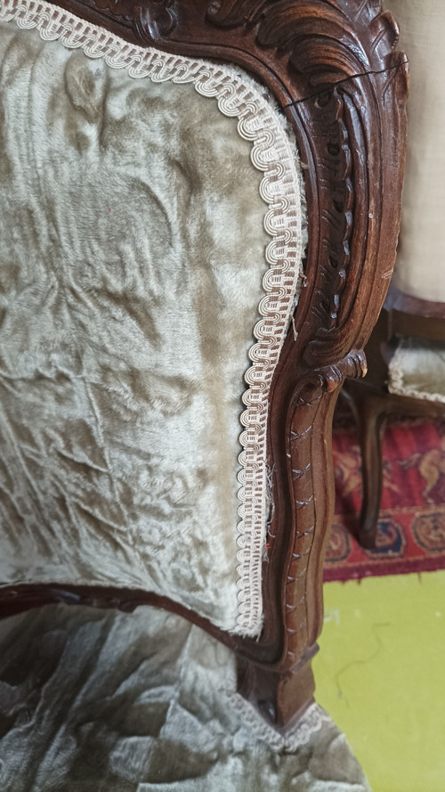 Salon ensemble banquette et fauteuils Rocaille en noyer