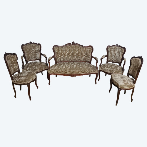 Salon ensemble banquette et fauteuils Rocaille en noyer